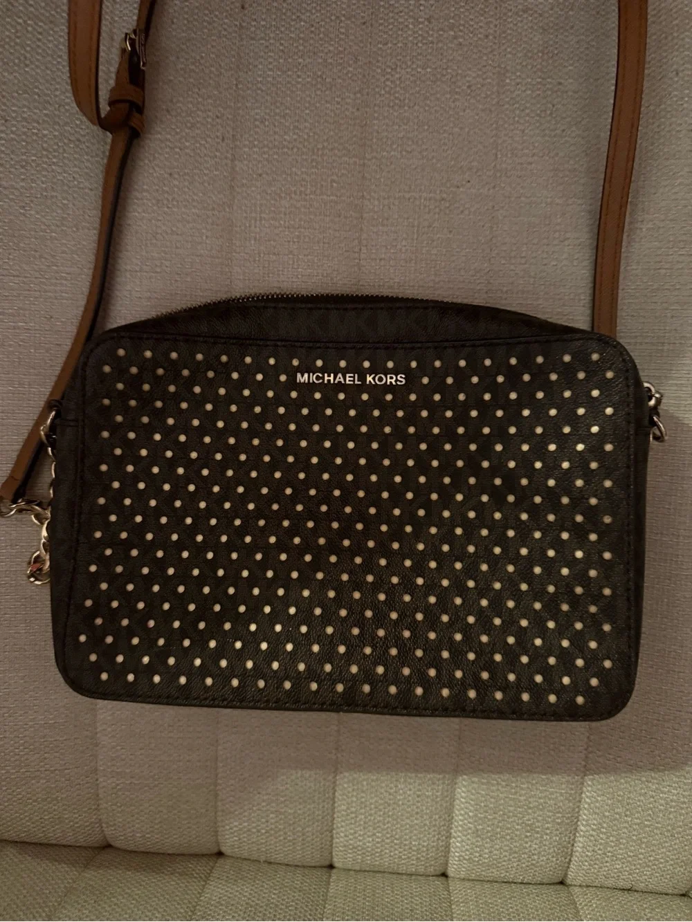 MICHAEL KORS Black Crossbody with Gold Stud Accents and Tan Strap